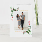 水の色ホリーと緑の幸せな休日の写真 箔シーズンカード (正面)