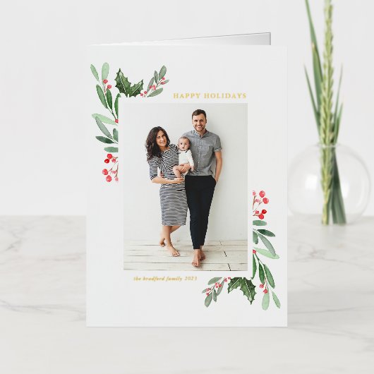 水の色ホリーと緑の幸せな休日の写真 箔シーズンカード (正面)