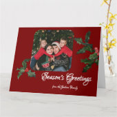 水の色ホリーオン深い赤い写真クリスマス カード (黄色い花)