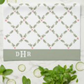 水の色ホリークリスマスレッドモノグラムのグリーン キッチンタオル (折り畳み)