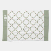 水の色ホリークリスマスレッドモノグラムのグリーン キッチンタオル (横)