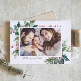 水の色ホリーゴールドフェイクフォイルのクリスマスフォト シーズンカード