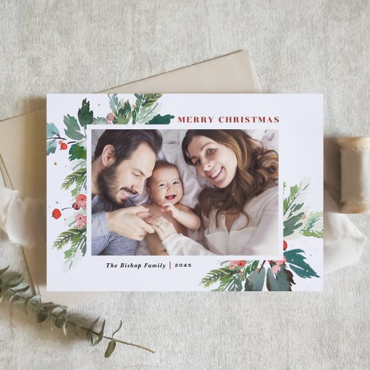水の色ホリーゴールドフェイクフォイルのクリスマスフォト シーズンカード