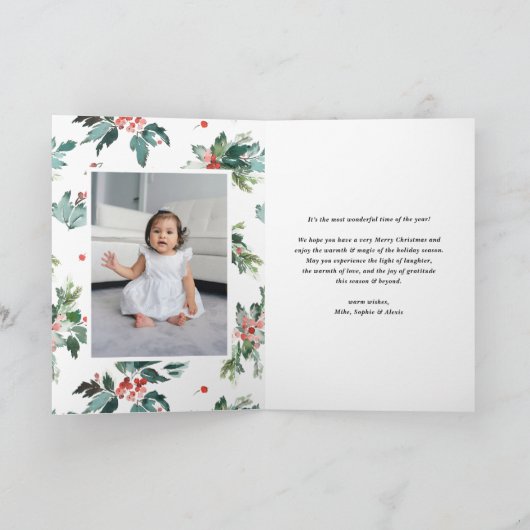 水の色ホリーフェイク金ゴールドメリークリスマスフォト シーズンカード (内部)