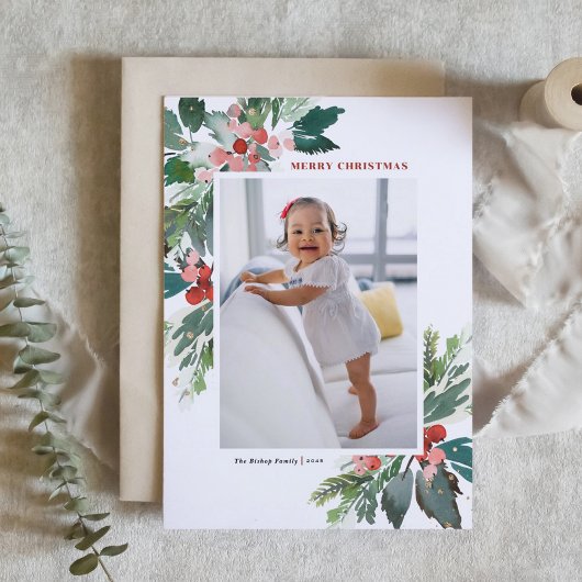 水の色ホリーフェイク金ゴールドメリークリスマスフォト シーズンカード