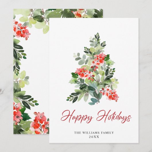 水の色ホリーベリークリスマスツリーグリーティング シーズンカード (正面/裏面)