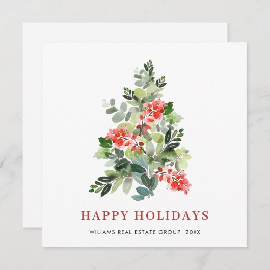 水の色ホリーベリークリスマスツリーグリーティング シーズンカード (正面/裏面)