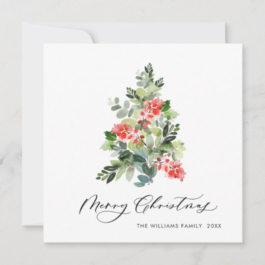 水の色ホリーベリークリスマスツリーグリーティング シーズンカード (正面)