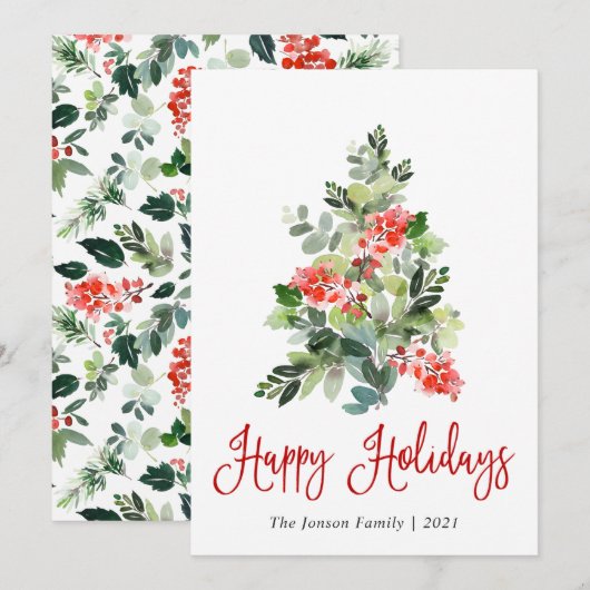 水の色ホリーベリークリスマスツリーグリーティング シーズンカード (正面/裏面)