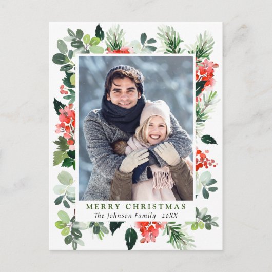 水の色ホリーベリークリスマスフォトホリデー ポストカード (正面)