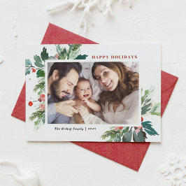 水の色ホリーボタニカルハッピーホリデーズフォト シーズンカード