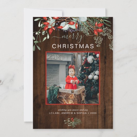 水の色ホリーメリークリスマスフォトダークウッド シーズンカード (正面)