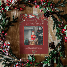 水の色ホリーメリークリスマスフォトバーガンディ シーズンカード