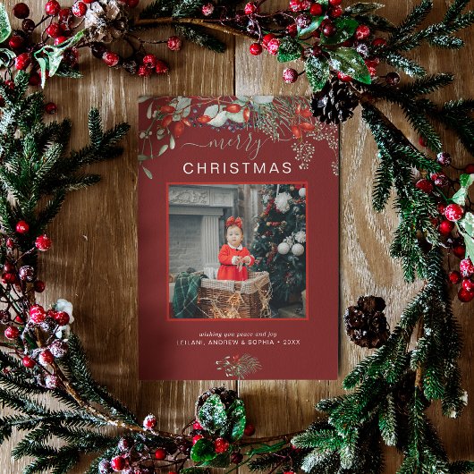 水の色ホリーメリークリスマスフォトバーガンディ シーズンカード
