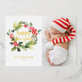 水の色ホリーリースハッピーニューイヤー写真 箔シーズンカード (正面)