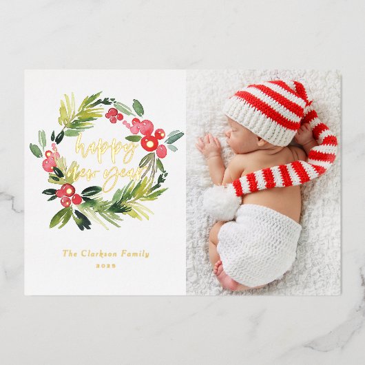 水の色ホリーリースハッピーニューイヤー写真 箔シーズンカード (正面)