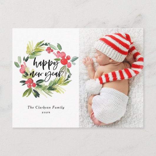 水の色ホリーリースハッピーニューイヤー2025写真 シーズンポストカード (正面)