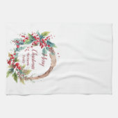 水の色ホリーリースパーソナライズされたクリスマス キッチンタオル (横)