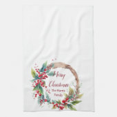 水の色ホリーリースパーソナライズされたクリスマス キッチンタオル (縦)