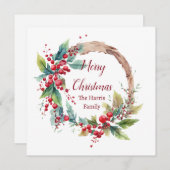 水の色ホリーリースパーソナライズされたクリスマス シーズンカード (正面/裏面)