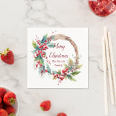 水の色ホリーリースパーソナライズされたクリスマス スタンダードカクテルナプキン (インサイチュ)