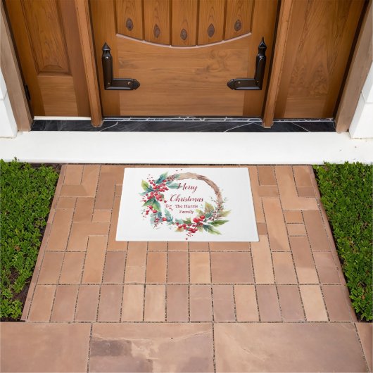 水の色ホリーリースパーソナライズされたクリスマス ドアマット (室外)