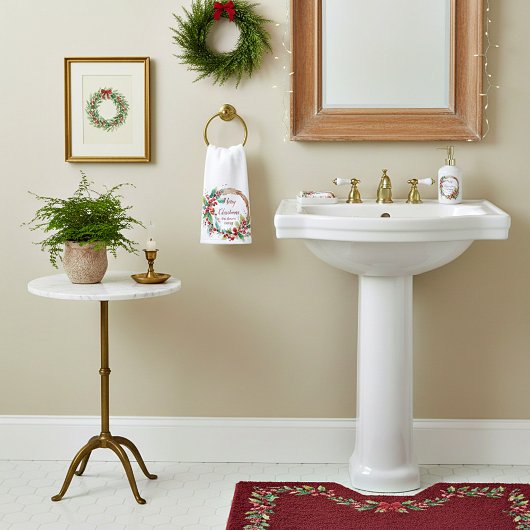 水の色ホリーリースパーソナライズされたクリスマス ハンドタオル