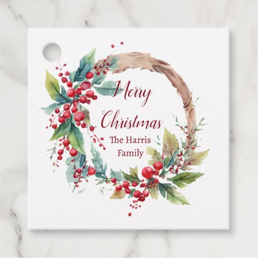 水の色ホリーリースパーソナライズされたクリスマス フェイバータグ (正面)