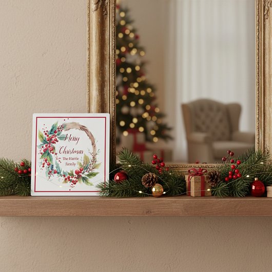 水の色ホリーリースパーソナライズされたクリスマス フォトプラーク