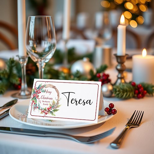 水の色ホリーリースパーソナライズされたクリスマス プレイスカード