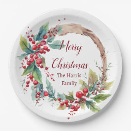 水の色ホリーリースパーソナライズされたクリスマス ペーパープレート