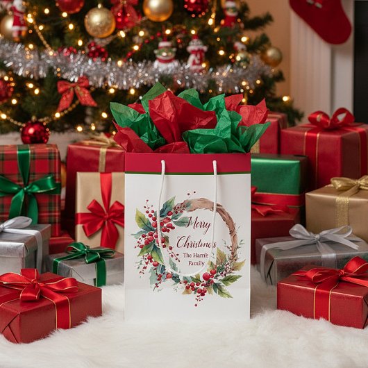 水の色ホリーリースパーソナライズされたクリスマス ミディアムペーパーバッグ