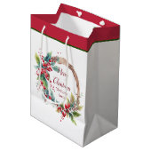 水の色ホリーリースパーソナライズされたクリスマス ミディアムペーパーバッグ (正面アングル)