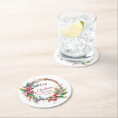 水の色ホリーリースパーソナライズされたクリスマス ラウンドペーパーコースター (インサイチュ)