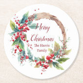 水の色ホリーリースパーソナライズされたクリスマス ラウンドペーパーコースター (正面)