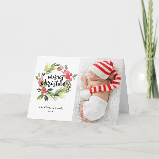 水の色ホリーリースメリークリスマスフォト シーズンカード (正面)