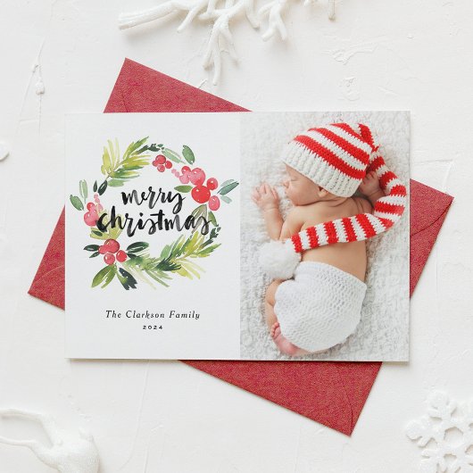 水の色ホリーリースメリークリスマスフォト シーズンカード