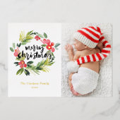 水の色ホリーリースメリークリスマスフォト 箔シーズンカード (正面)