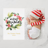 水の色ホリーリースメリークリスマスフォト 箔シーズンポストカード (正面)