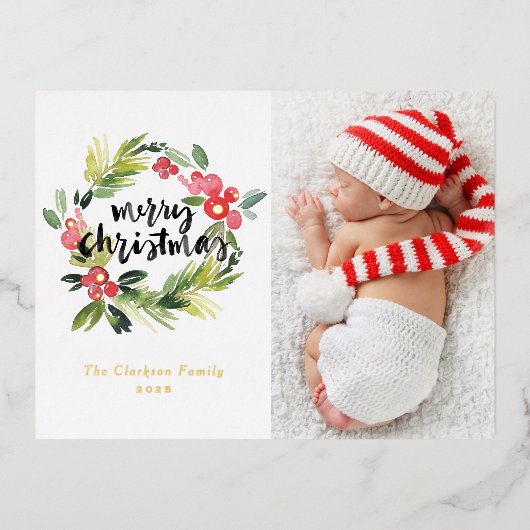 水の色ホリーリースメリークリスマスフォト 箔シーズンポストカード (正面)