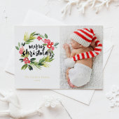 水の色ホリーリースメリークリスマスフォト 箔シーズンポストカード