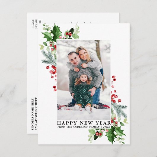水の色ホリー冬の緑の写真新年 ポストカード (正面/裏面)
