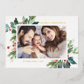 水の色ホリー植物性クリスマスフォト 箔シーズンカード (正面)