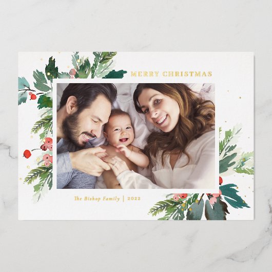 水の色ホリー植物性クリスマスフォト 箔シーズンカード (正面)