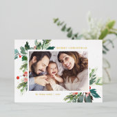 水の色ホリー植物性クリスマスフォト 箔シーズンカード (立ち正面)