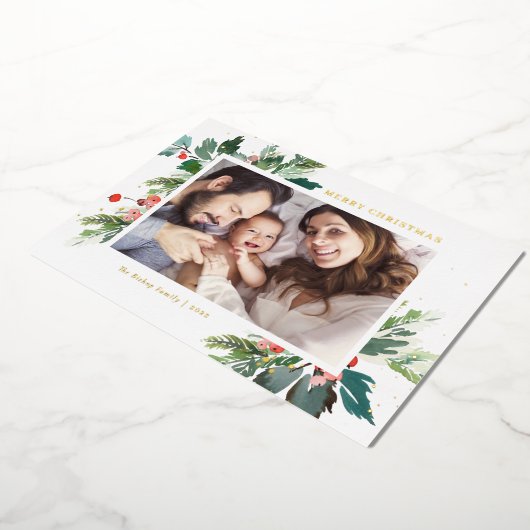 水の色ホリー植物性クリスマスフォト 箔シーズンカード (回転した状態)