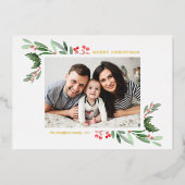 水の色ホリー緑の写真メリークリスマス 箔シーズンカード (正面)