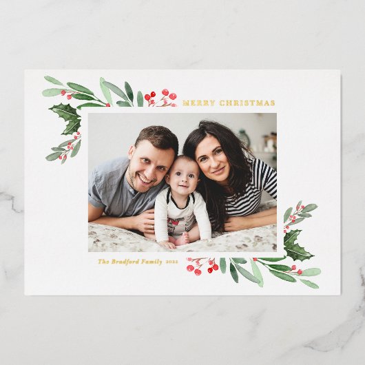 水の色ホリー緑の写真メリークリスマス 箔シーズンカード (正面)