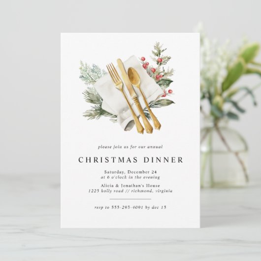 水の色ホリー緑素朴のクリスマスディナー 招待状 (スタンド正面)