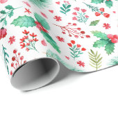 水の色ホリー、松と赤の果実のクリスマス ラッピングペーパー (ロールコーナー)